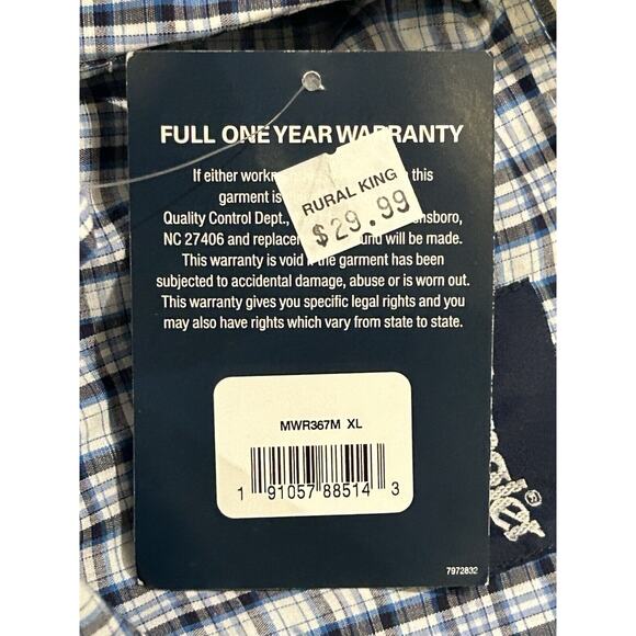 NWT Wrangler Blue Plaid Button Up Shirt Men's size XL - Picture 4 of 5